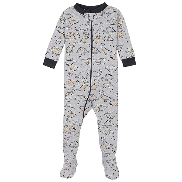 GERBER BABY BOYS’ 2-PACK FOOTED PAJAMAS, GREY DINOS BLACK STRIPE GREY, 24 MONTHS