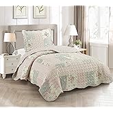 Brilliant Sunshine Rose and Sage Quilt Set, 2-Piece Bedding Sets, Traditional Patchwork Design, Washable and Reversible Bedspread, Soft Lightweight Coverlet, All-Season, Twin/Twin XL, Light Pink Green