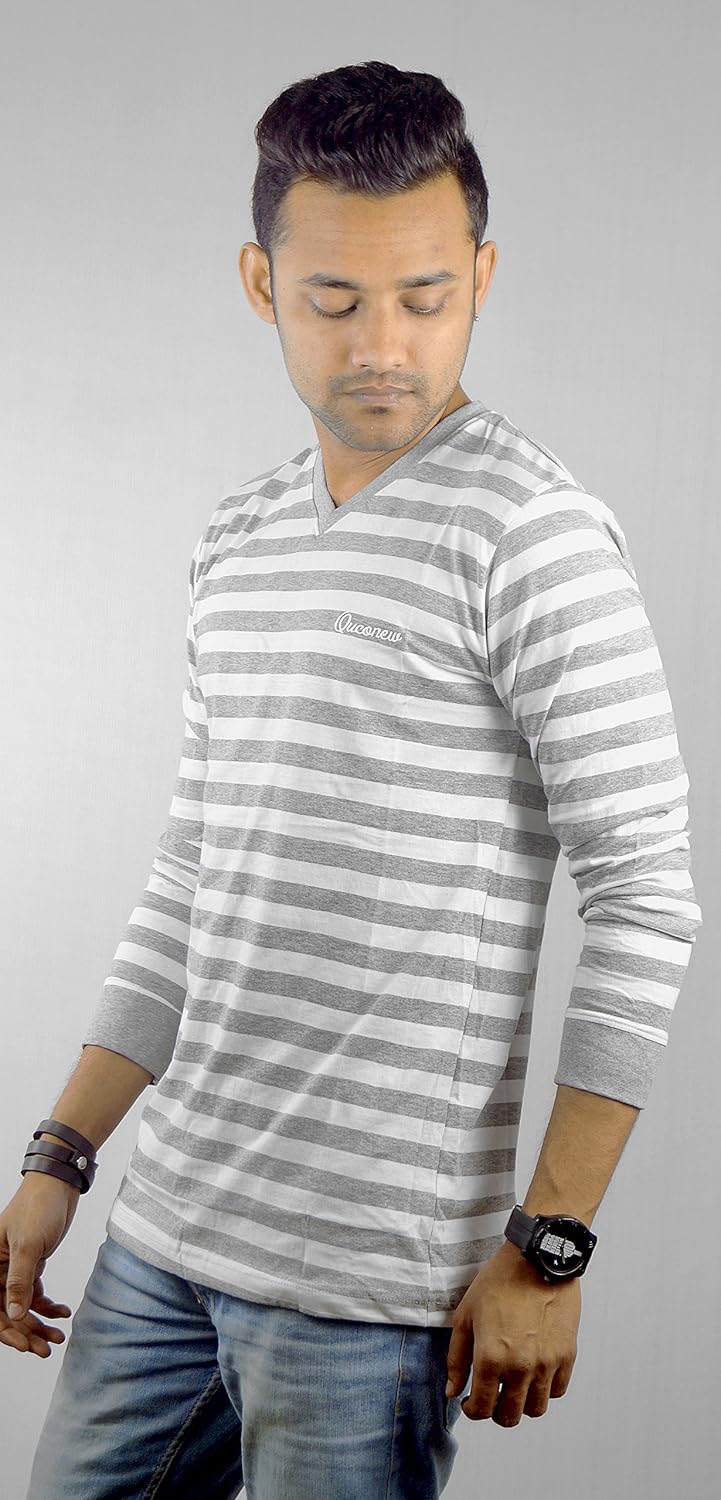 rubber tees men's white-charcoal v-neck full sleeve stripped t-shirt (white)