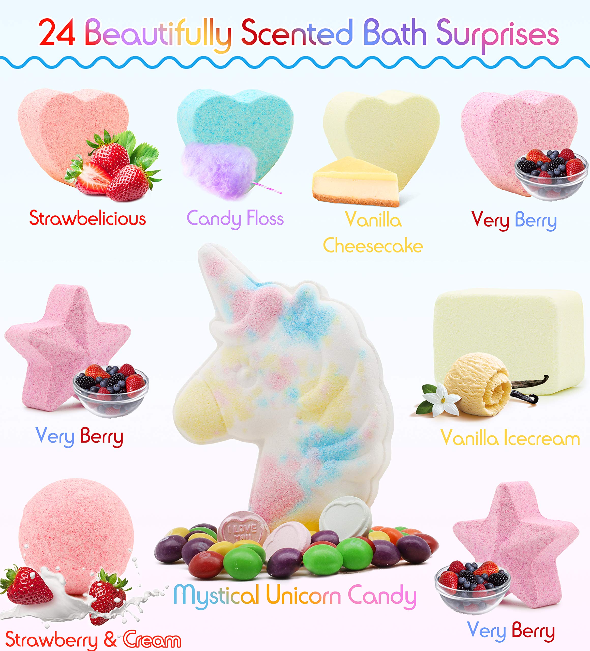 KreativeKraft Unicorn Bath Bomb Surprises Gift Set includes 24 Scented Cosmetics Bath Bombs Confetti and Salts | Fragrance Pamper Present Idea For Girls | Kids Bathbomb Set With Ball Heart Cube