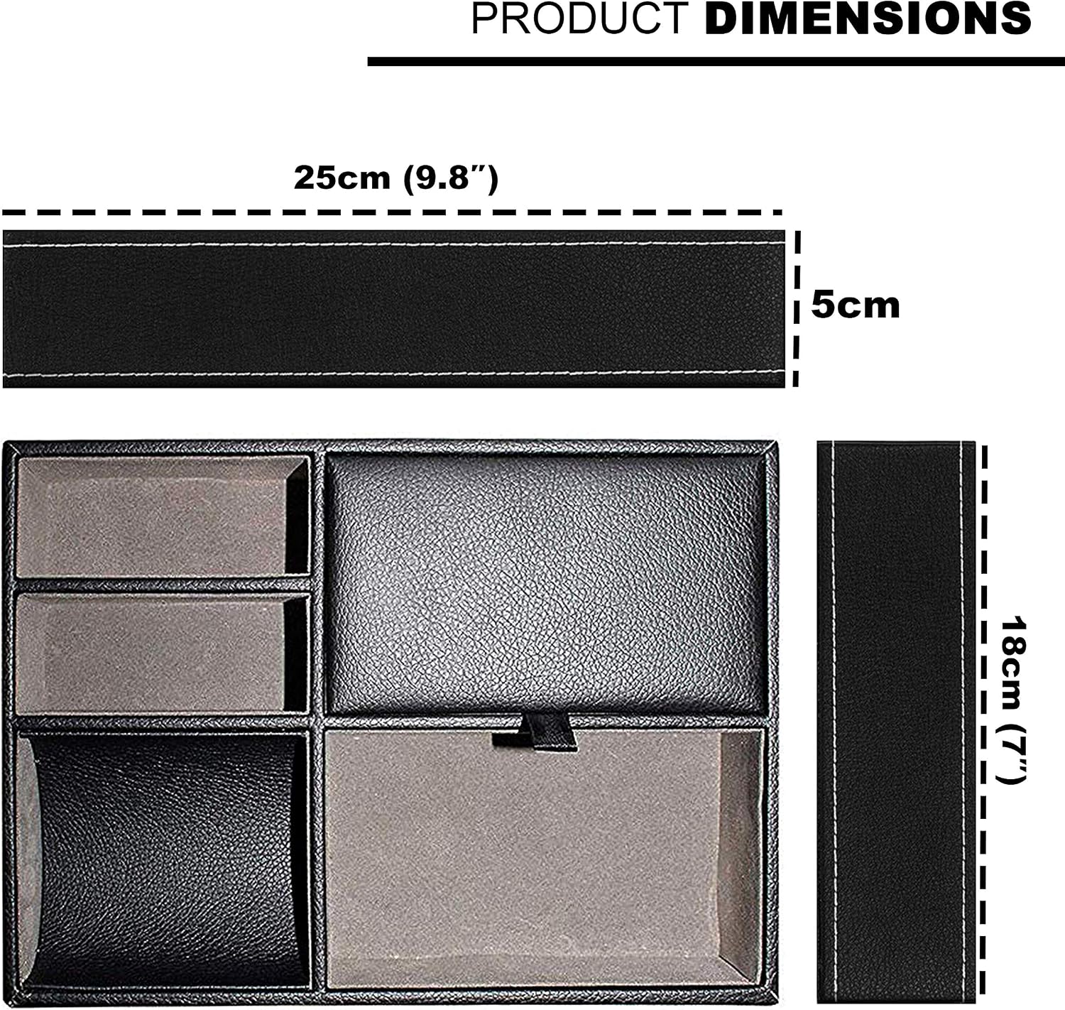 Belle Vous Black Faux Leather 5 Compartment Valet Dresser/Nightstand Organiser Tray, Desk Storage Box for Wallet Phone, Keys - Image 3