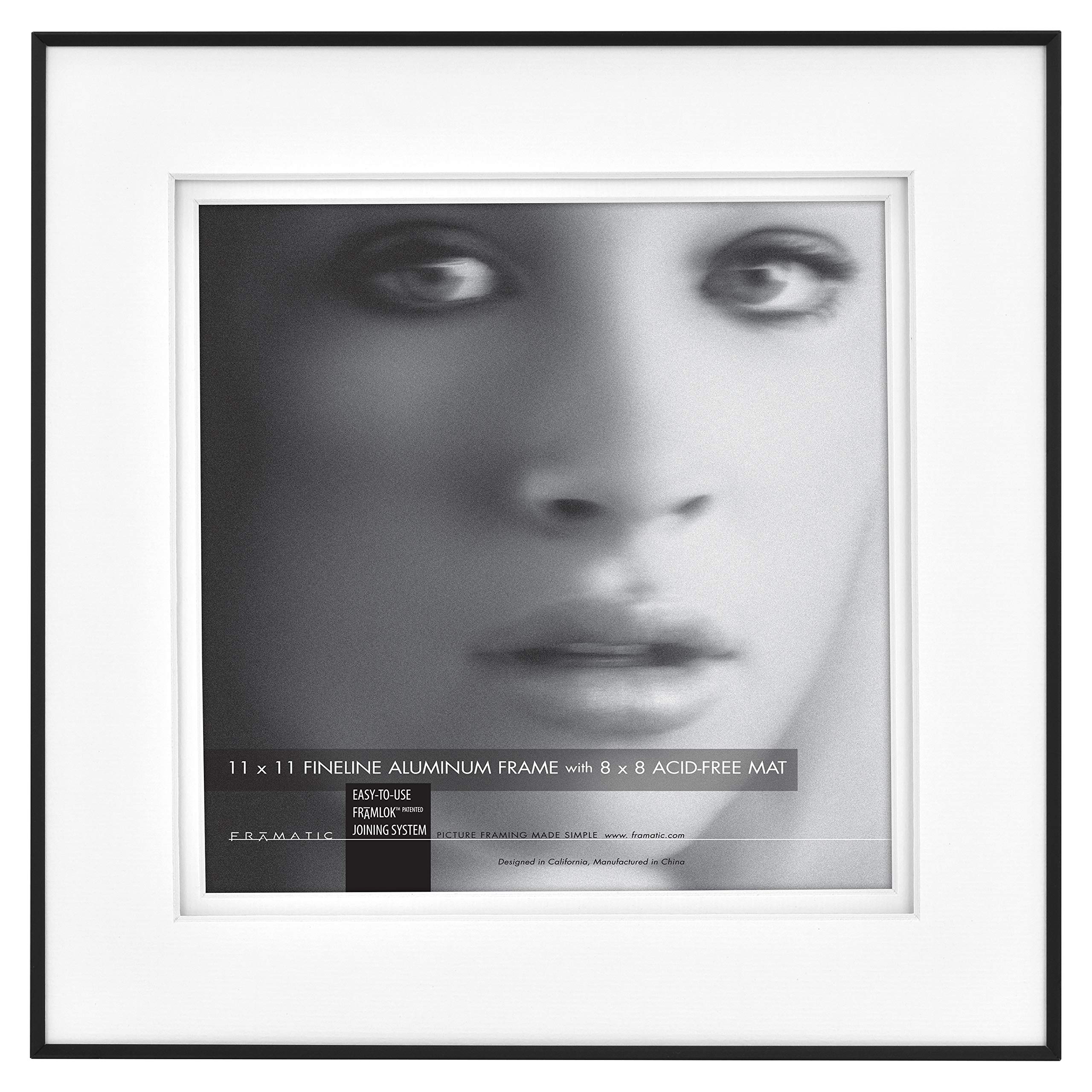 MCS Framatic Fineline Aluminum Frame, Black, 11 x 11 in double matted to 8 x 8 in, Single