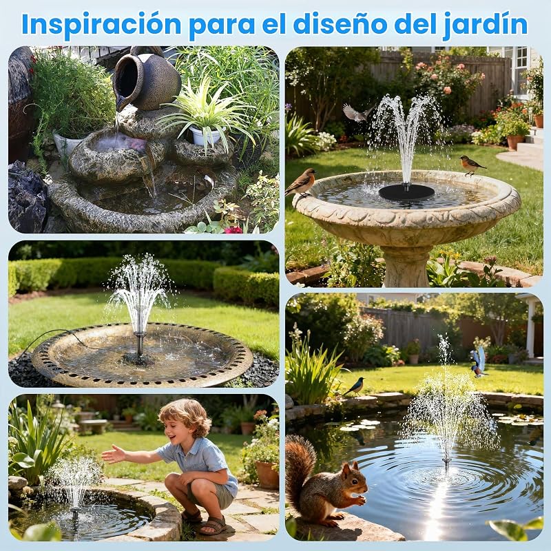 Fuente solar para exteriores, 12 W, con batería de 5000 mAh, 10 estilos de fuente, 300 l/h, fuente solar para exteriores, estanque de jardín, baño para pájaros, flotante, con tubería de agua