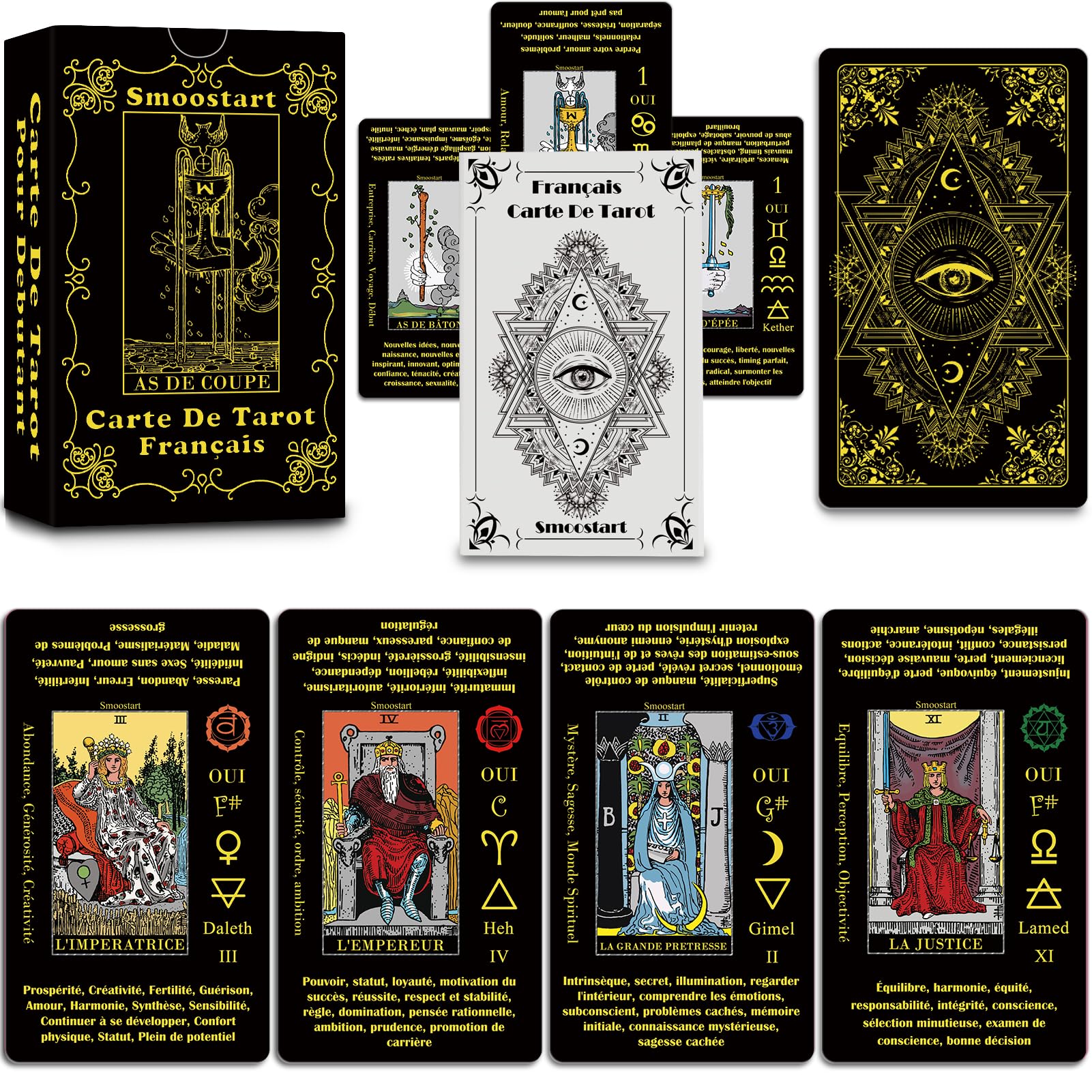 Smoostart French Tarot Cards with Meanings, Tarot Cards Deck with Guidebook for Beginners, Keywords, Element, Planet, Zodiac, Chakra, Yes or No, Musical Pitch, Numerology, Hebrew Alphabet
