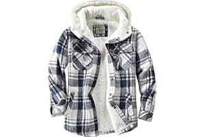 Shawnda Men's Sherpa Hooded Flannel Jacket Cotton Button Down Shirt Jacket Plaid