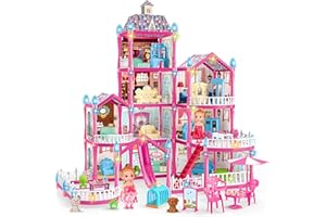 OCTERIC Doll House for Girls ,10 Rooms Pink Doll House with 2 Dolls, Lights, Puppies ,Furnitures, Accessories, Toddler Playhouse Gift for for 3 4 5 6 7 8 9 10 Year Old Girls Toys