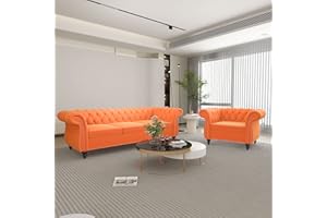 AVZEAR 2-Piece Living Room Sectional Sofa Set, Upholstered Sofa Modern Sofa Couches Set Style Button Tufted, Velvet Chesterfield Sofa for Living Room Apartment, 1+3 Seat Orange