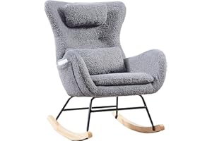 LUSPAZ Small Rocking Chair Nursery, Modern Rocker Chair with High Backrest, Comfy Accent Glider Chair with Headrest and Throw Pillow (Grey)