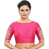 Madhu Fashion Women's Poly Raw Silk Readymade Saree Blouse with Embroidered Half Sleeves