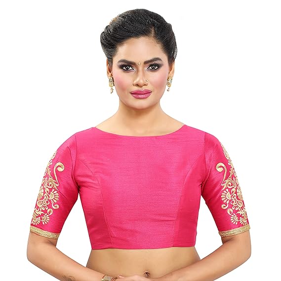 WOMEN'S POLY RAW SILK READYMADE SAREE BLOUSE with EMBROIDERED SLEEVES