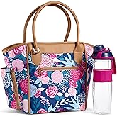 Fit & Fresh Beechwood Large Lunch Bag For Women With Side Pouches & Carry Handles, Complete Lunch Kit Includes Matching Shaker Bottle, Navy Lorella Posey