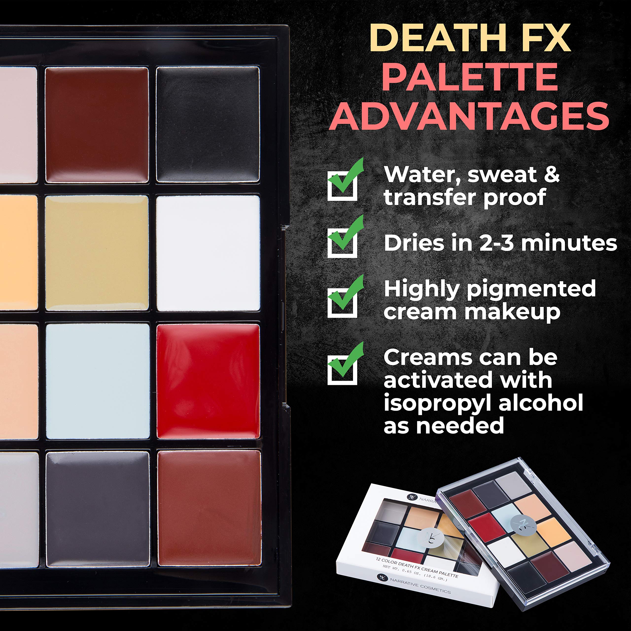 Narrative Cosmetics 12-Color Death FX Cream Palette, Professional Quick Drying Waterproof SFX Makeup for the Stage, Film, Costumes, Cosplay, Halloween