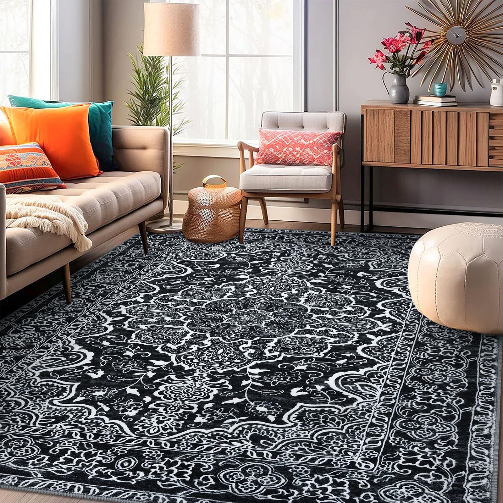 KUTA Area Rugs for Living Room, Washable Vintage Floral Large Rug for Bedroom 8ft x 10ft Non-Slip, Black Ultra Soft Printed Traditional Medallion Low-Pile Carpet for Dining Room Office Image KUTA Area Rugs for Living Room, Washable Vintage Floral Large Rug for Bedroom 8ft x 10ft Non-Slip, Black Ultra Soft Printed Traditional Medallion Low-Pile Carpet for Dining Room Office Image