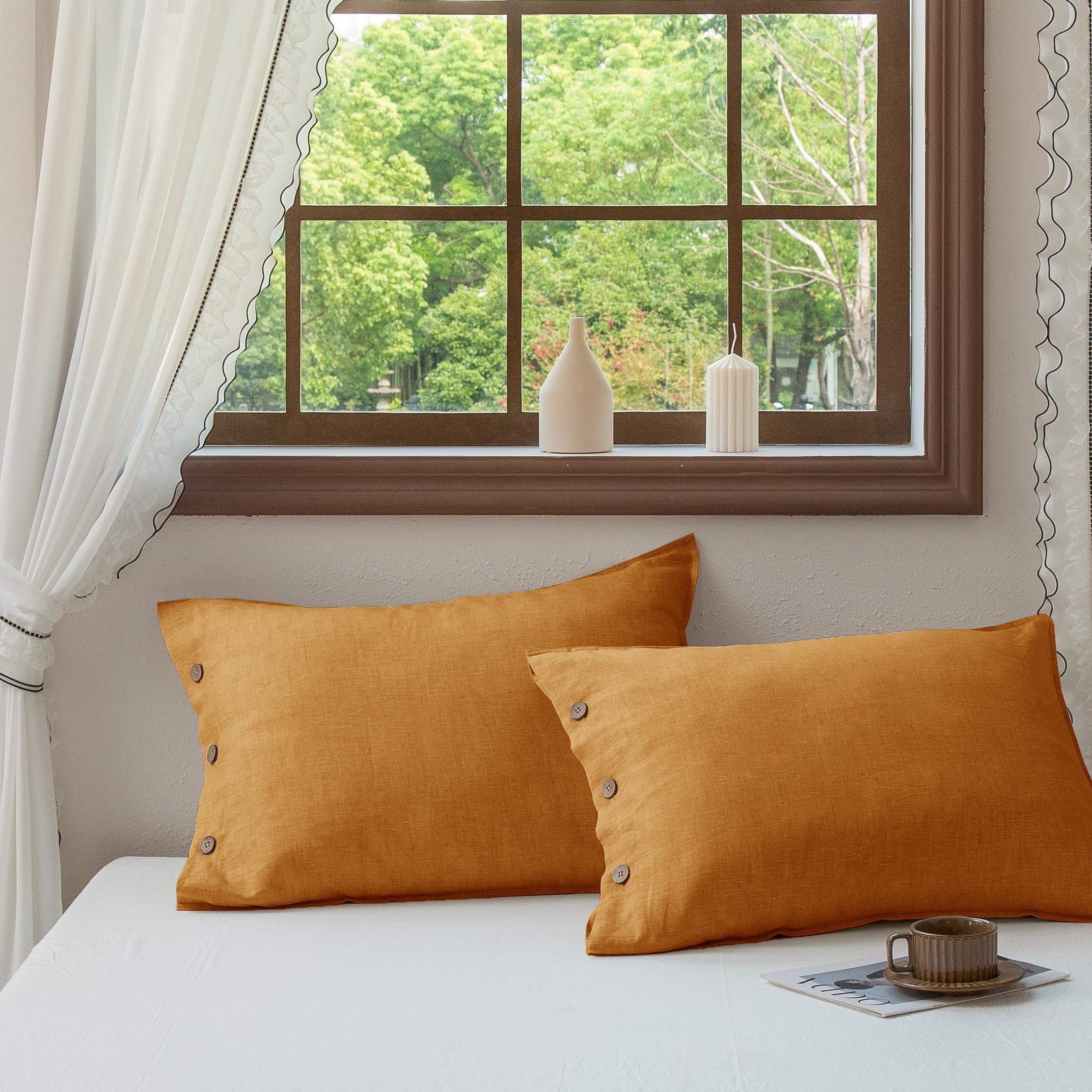 Photo 1 of EVERLY 100% Linen Pillowcases Set of 2, French Linen from Normandy, 20X36Inch Standard Size, Natural Color, Coconut Buttons Closure, Flax Pillowshams-Pillowcase-Caramel