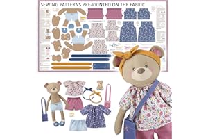 kullaloo - Sewing Kit for Kids & Beginners - Cut & Sew Fabric Panel – Sewing Patterns Pre-Printed on The Fabric - DIY Rag Doll Kit with Clothes - Betsy Bear Sewing Project - Incl. Video Instructions