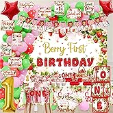 Mpanwen Berry First Birthday Decor Decorations, 136 Pcs Strawberry Sweet One 1st Party Supplies for Girls Baby - Banner, Cake Toppers, Balloons, Tablecloth, Centerpieces, Crown, Poster, Baby Boxes