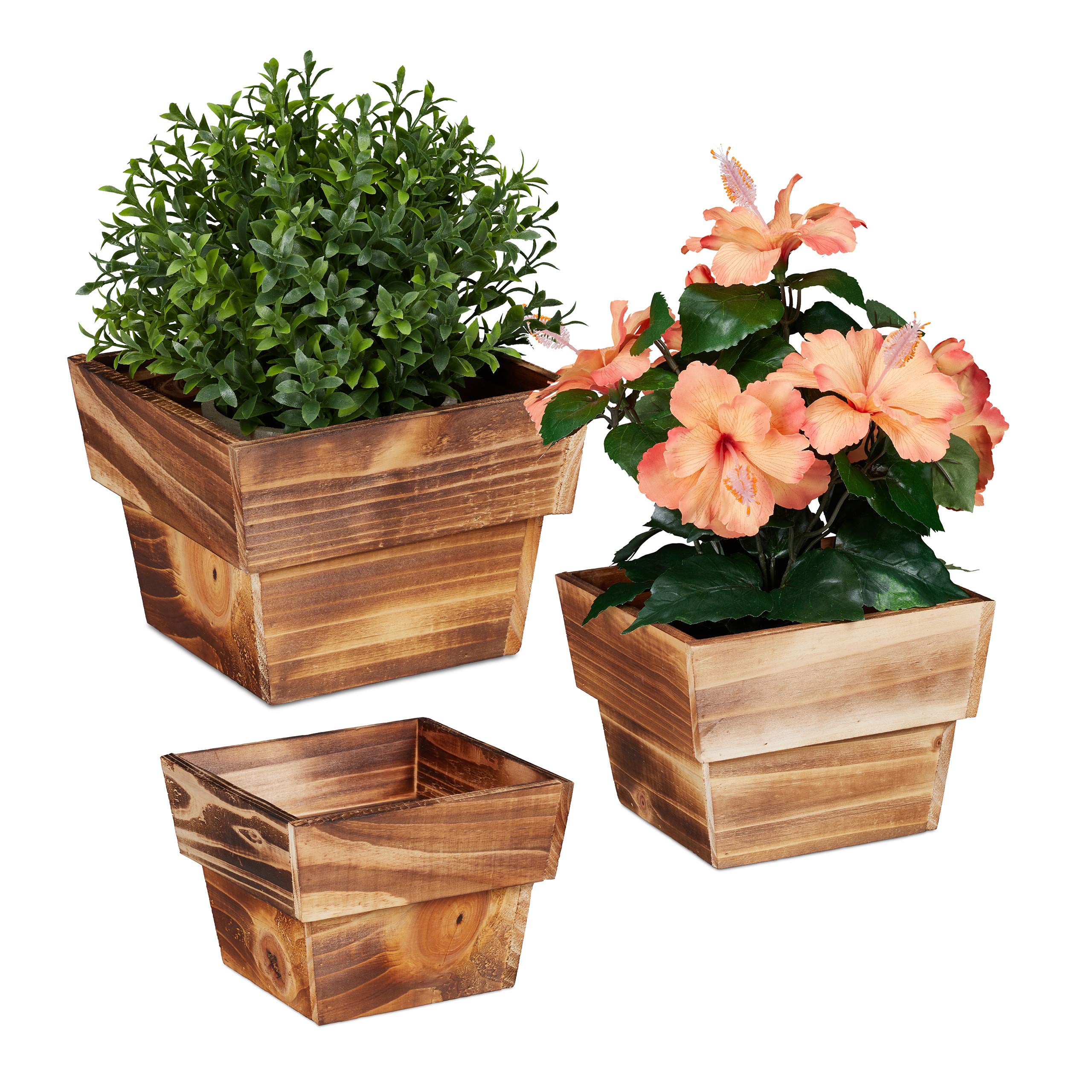 Relaxdays Plant Pot, Set of 3, Flower Container, Flamed Wood, for Outside & Inside, Square, Decorative, Garden, Natural