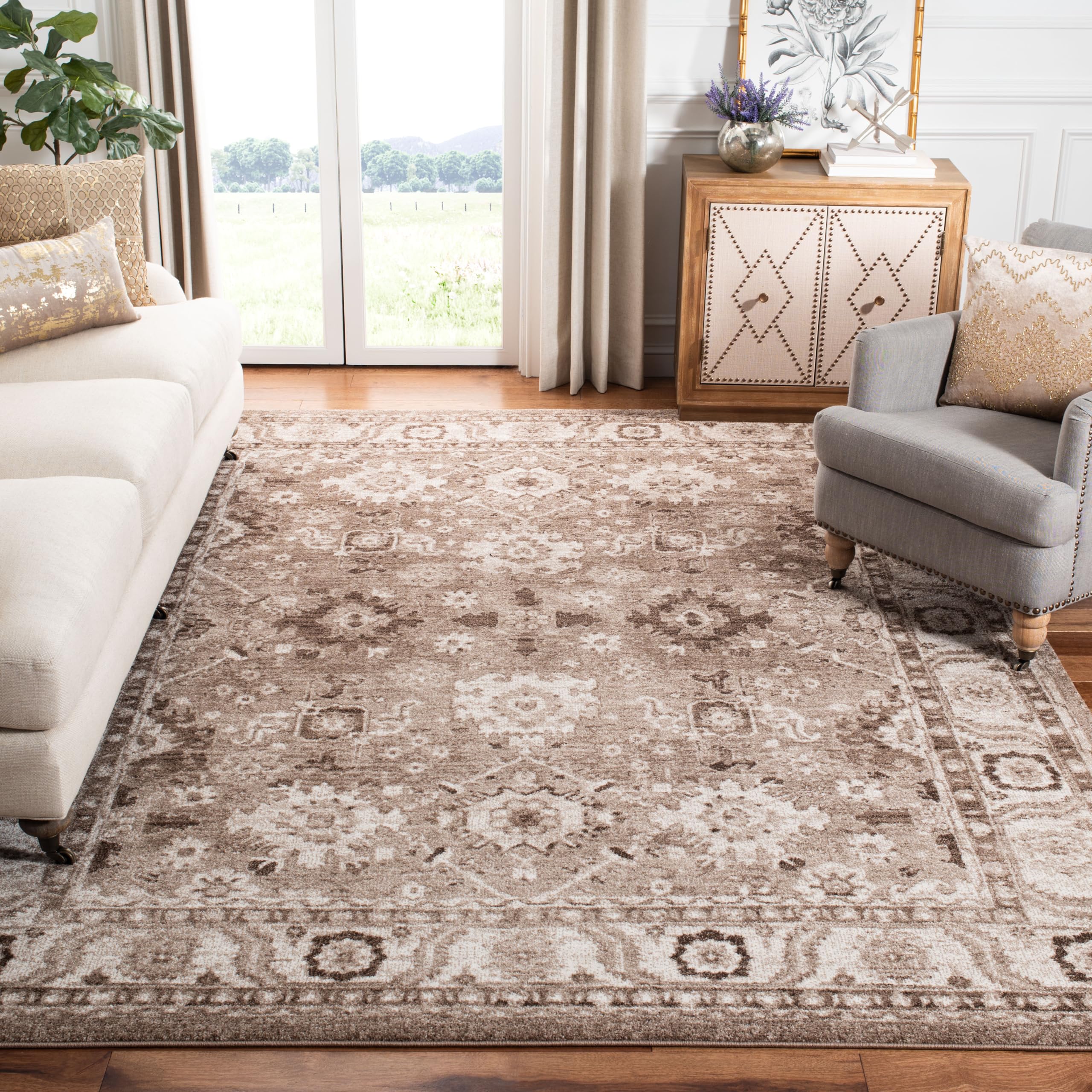 SAFAVIEH Vintage Hamadan Collection Area Rug - 10' Square, Taupe, Geometric Design, Ideal for High Traffic Areas in Living Room, Bedroom, Dining (VTH214T) Image
