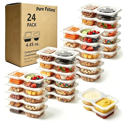 Pure Future 24-Pack Reusable Double Compartment Snack Containers with Lids | Leakproof BPA-Free Containers for Portion Control, Microwave Safe Snack Pack, Ideal for Office, Gym, Travel Use