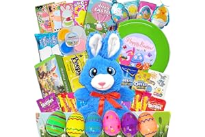 SANTA CLAUS WRITES Easter Care Package for Kids - Prefilled Complete with Toys & Candy, Pre-made Basket Fillers Stuffed Box, Boys, Girls, Adults, teens,toddler, Premade Easter Baskets, Easter Baskets (Blue Bunny)