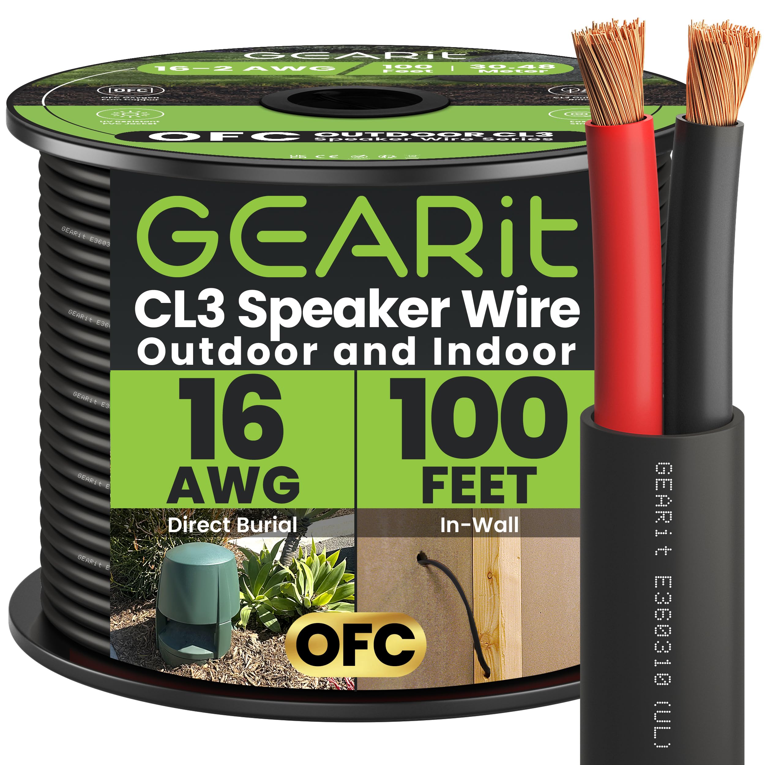 GearIT Outdoor Speaker Wire OFC 2x1.5mm≤ (30.48 Meters - Black) Oxygen-Free Copper - Hi-Fi Audio Cable for Direct Burial in Ground/In-Wall / CL3 CL2 Rated / 2-Conductors - 16 Gauge AWG, 100 Feet
