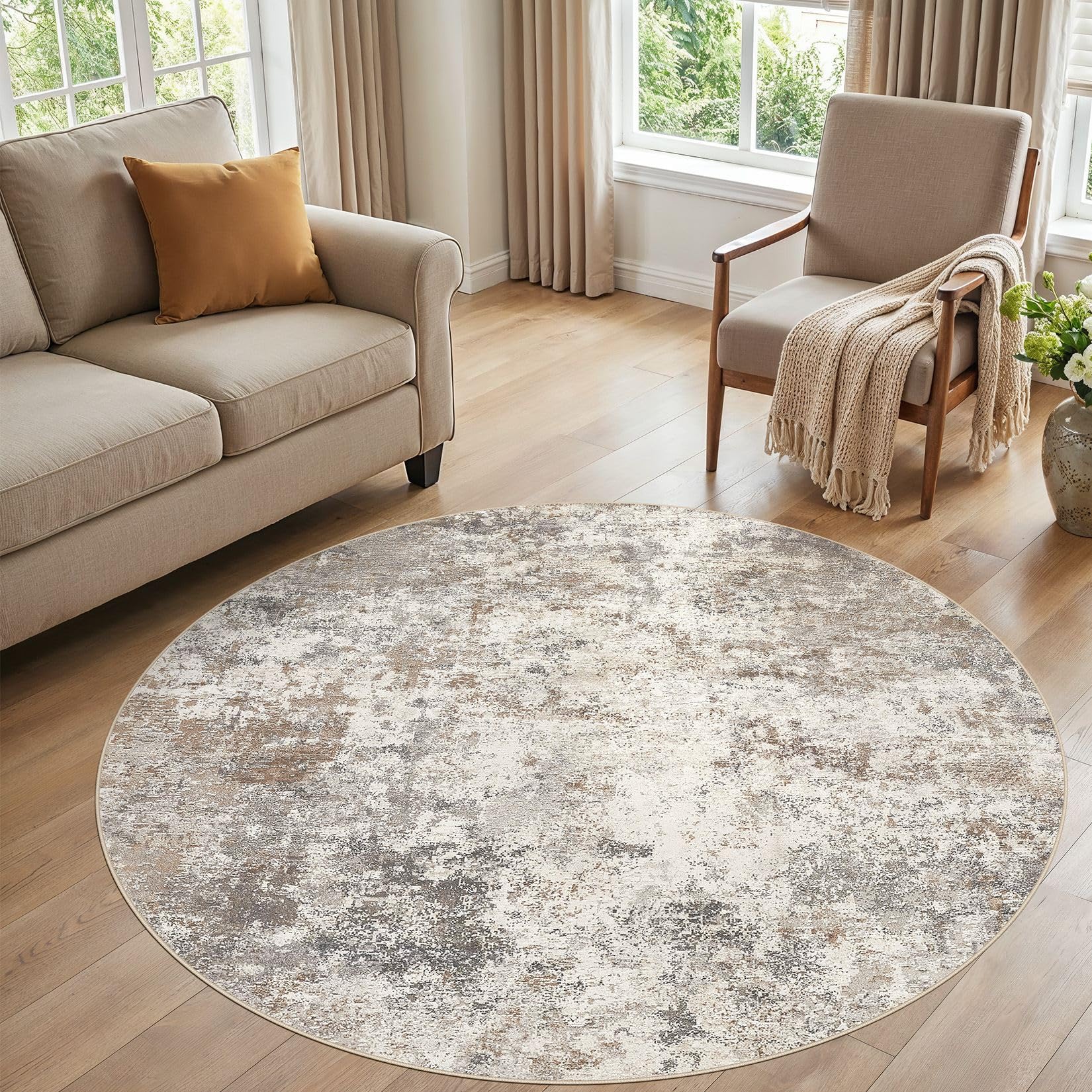 UERMEI 6ft Round Area Rug Living Room Rugs - 6x6 Washable Neutral Modern Abstract Soft Thin Rug Indoor Floor No Slip Rug Carpet for Bedroom Under Dining Table Home Office Decor - Brown Grey Image