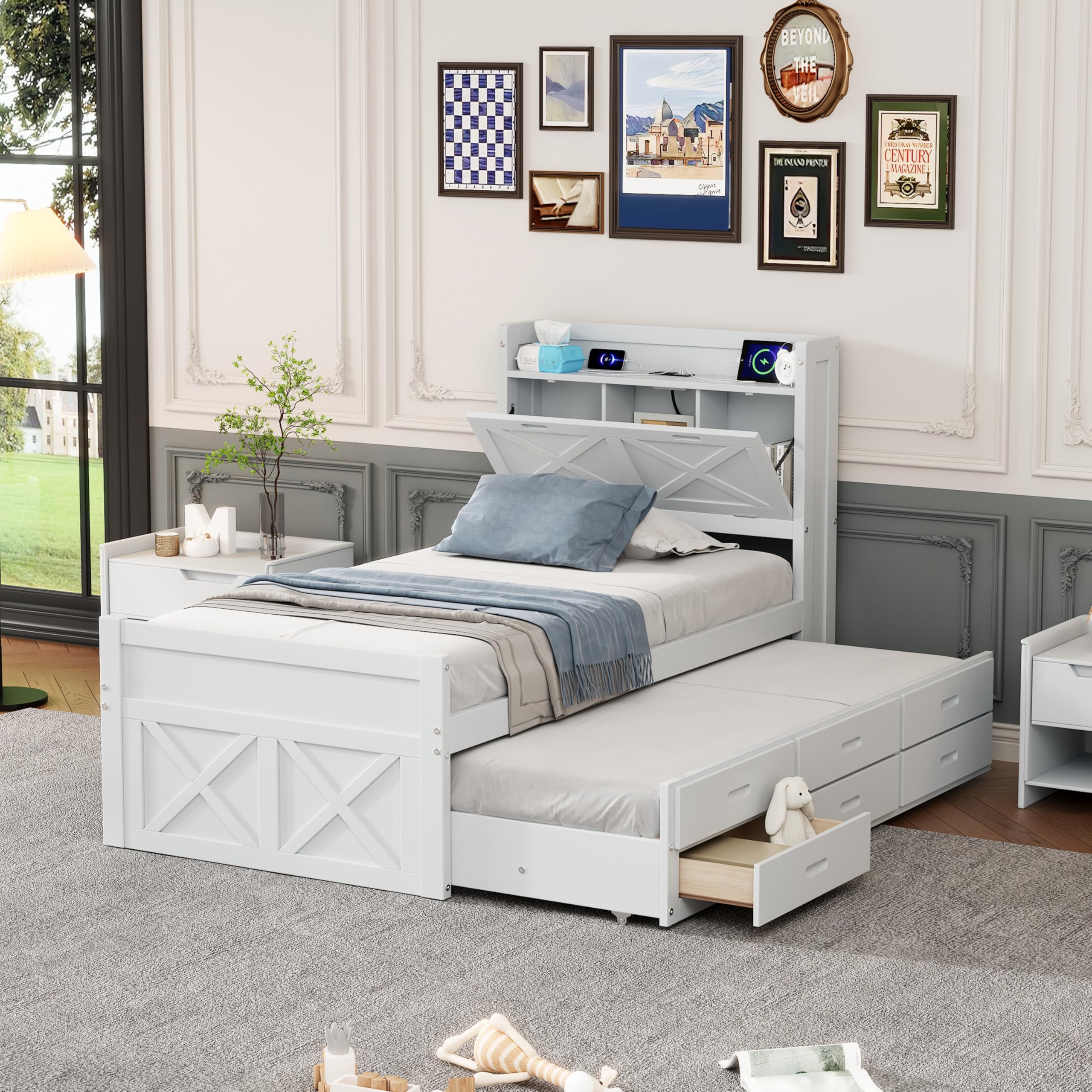 Photo 1 of *Partial Set 1 of 2*
Ball & Cast Twin Size Wooden Platform Bed,Daybed with Built-in Outlets & Storage Headboard,Extendable Bedframe w/Trundle and 3 Drawers,Bedroom Furniture for Apartment,Guest Room,White