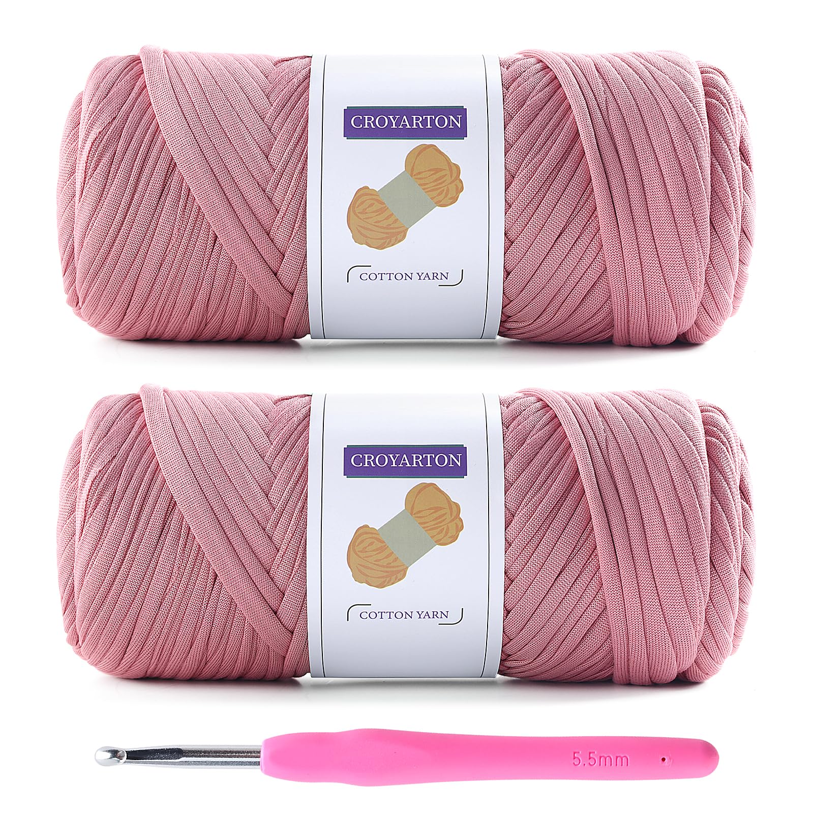 Photo 1 of 2 Pack T Shirt Yarn for Crocheting with 1 Crochet Hook, Elastic Tshirt Yarn for Crochet Bag/Baskets/Home Decor, Spaghetti Yarn Thick Knitting Yarn Total Length 130 Yds, Weight 14 Oz (Light Pink)