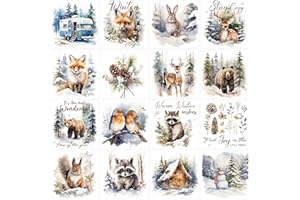 EOBECY Winter Animals Rub On Transfers for Crafts, 16 Pcs Christmas Rub on Transfer for Furniture, Xmas UV DTF Stickers Party Supplies, Vintage Woodland Animal IOD Transfers for Holiday DIY Home Decor