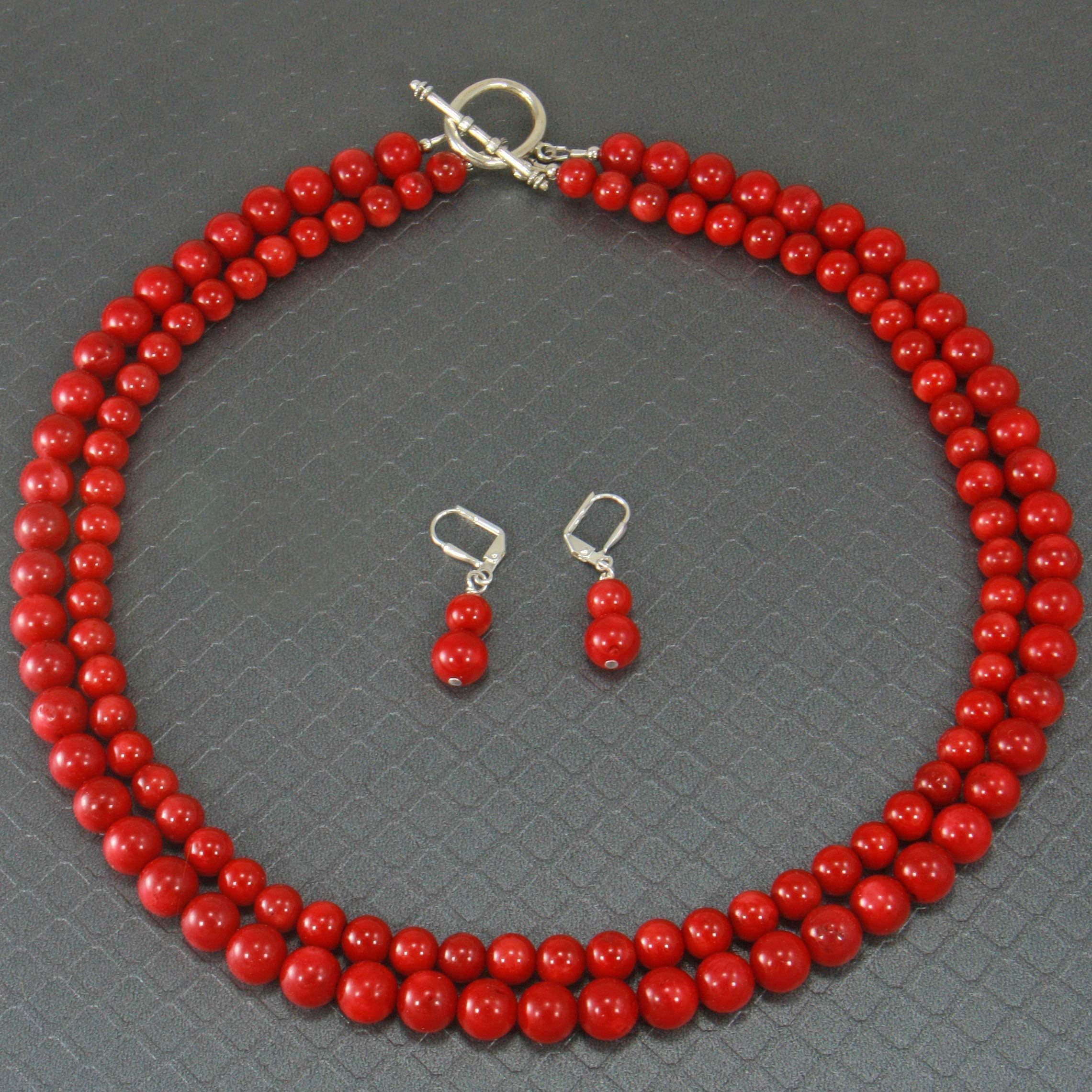 Multi Strand Red Coral Gemstone Necklace Jewelry Set with Earrings