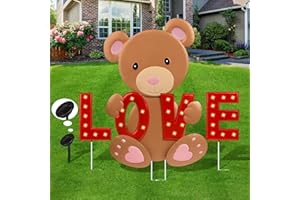 Vivantia 5 Pieces Valentine Yard Signs with Solar LED Light Valentines Day Metal Stakes Outdoor Decorations Happy Valentine's Day Large Bear Love Lawn Signs for Wedding Anniversary Party Garden Decor