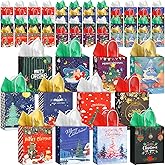 Fulmoon 60 Pcs Christmas Paper Gift Bags Bulk with Tissue Paper 8.3 x 6 x 3.1 Inch Small Holiday Party Favor Goodie Bags with Handle Assorted Christmas Design for Holiday Presents Wrapping (Cheer)