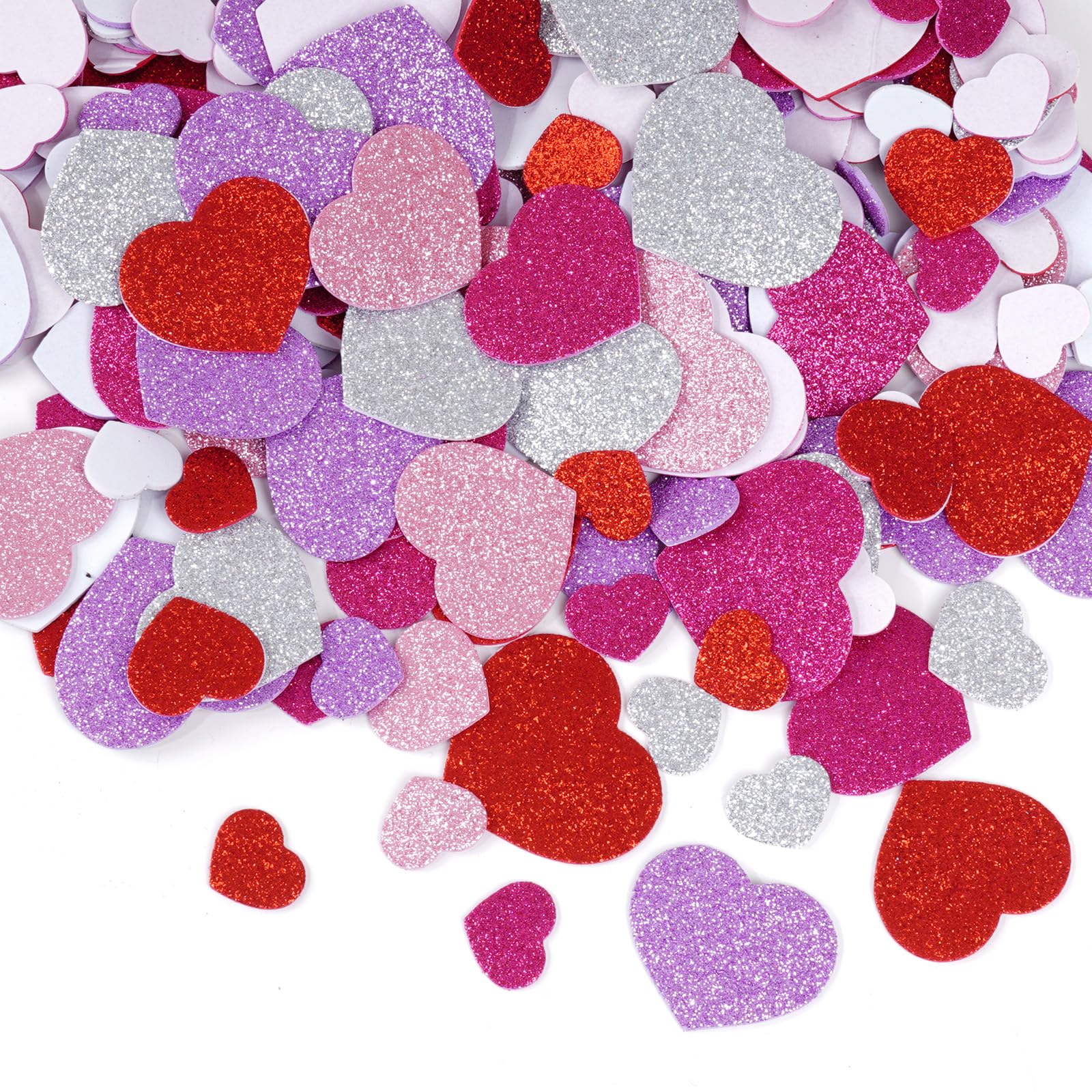 Photo 1 of 1 Pack 360pcs Foam Heart Stickers Self Adhesive Glitter Heart Shapes Decals for Valentine's Day Decoration DIY Craft Greeting Cards Party Gift Supplies, 5 Colors (Red Pink Rose White Purple)