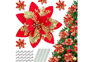 Serwalin 20pcs Christmas Tree Flowers Artificial Red Gold Poinsettia Flowers Decorations Glitter Christmas Tree Ornaments with Clips Stems 14cm/5.5in Xmas Wedding Party Wreath Garlands DIY