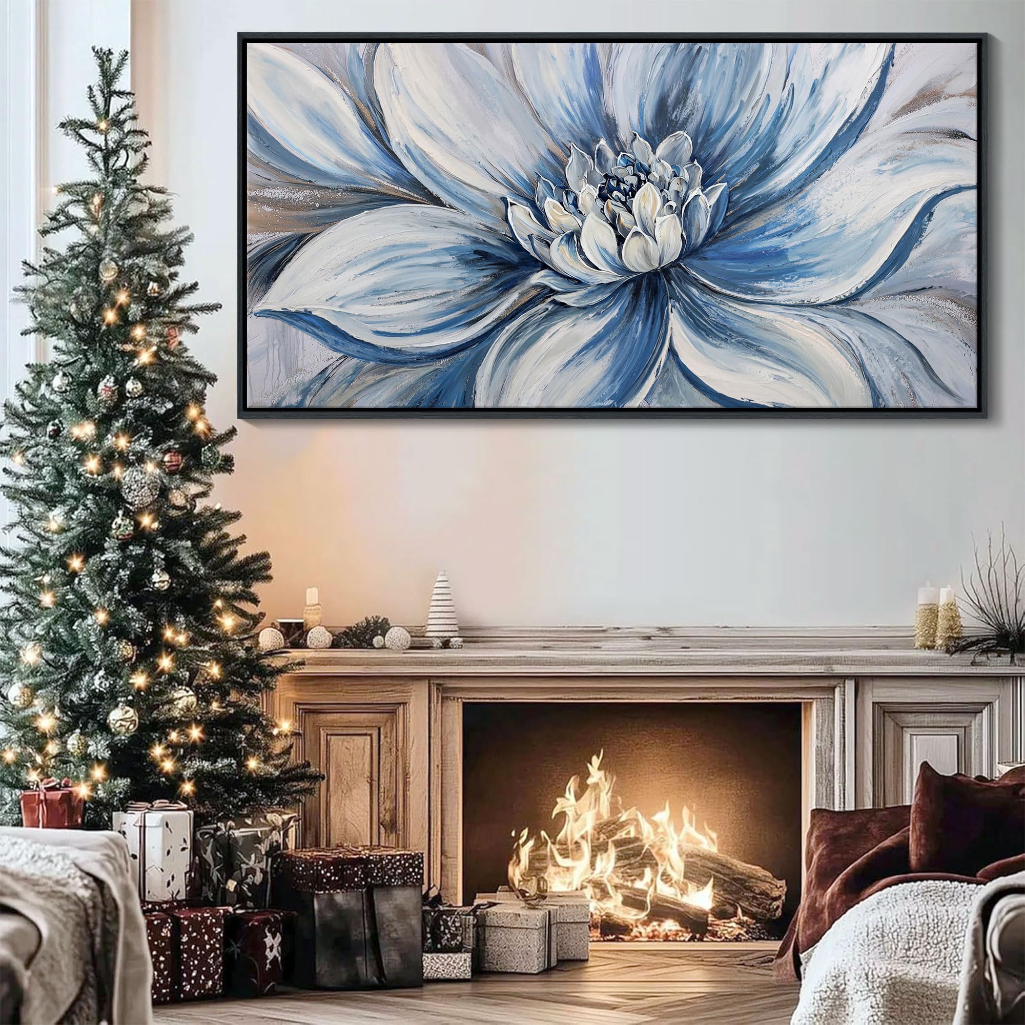 Photo 1 of Pogusmavi Blue Floral Wall Art for Living Room - Large Textured Flower Pictures for Bedroom - Canvas Paintings, Extra Large Blue and White Wall Decor Dining Room Artwork for Walls 24×48IN
