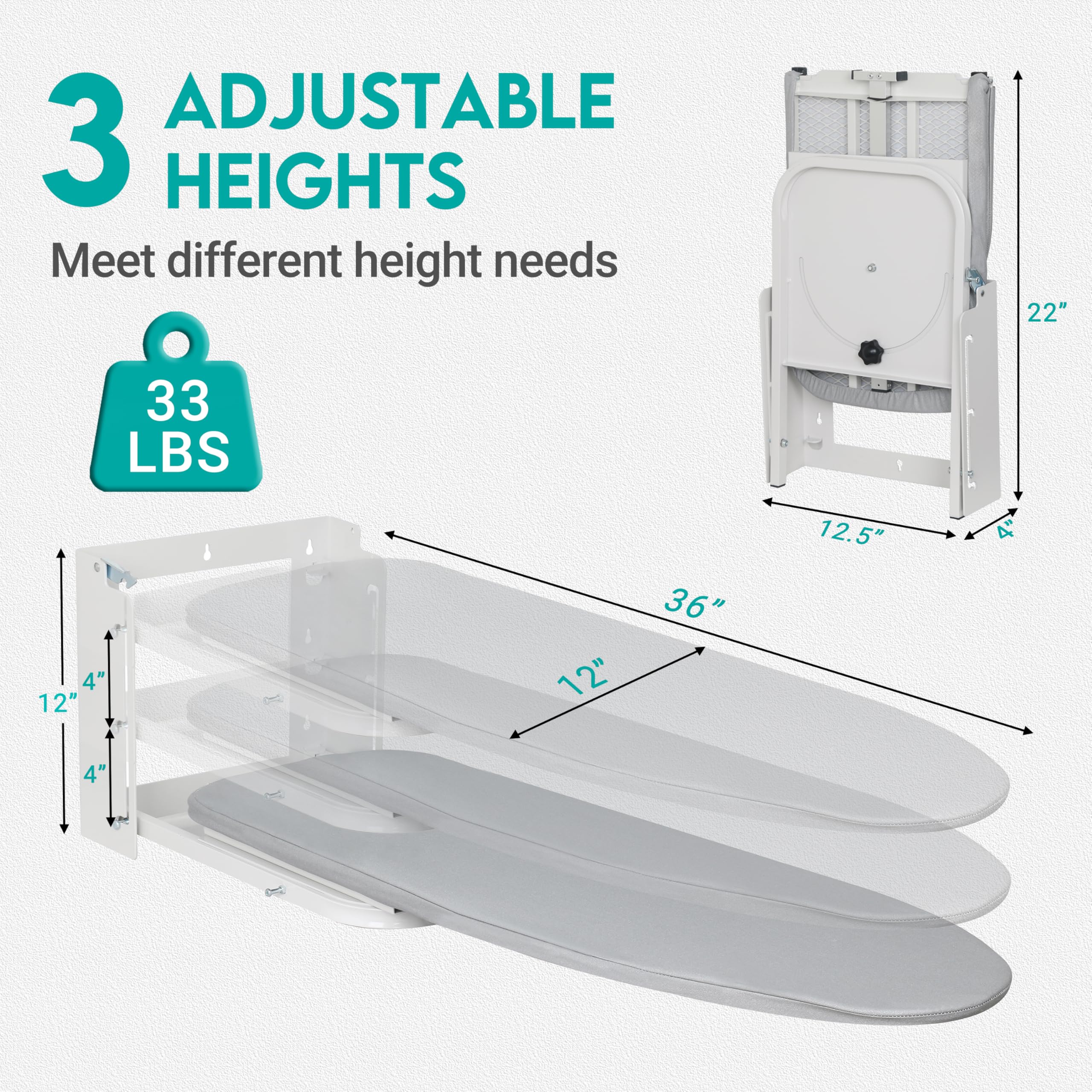 Wall Mounted Ironing Board, 180 Rotation, Space-Saving Fold Down, 36