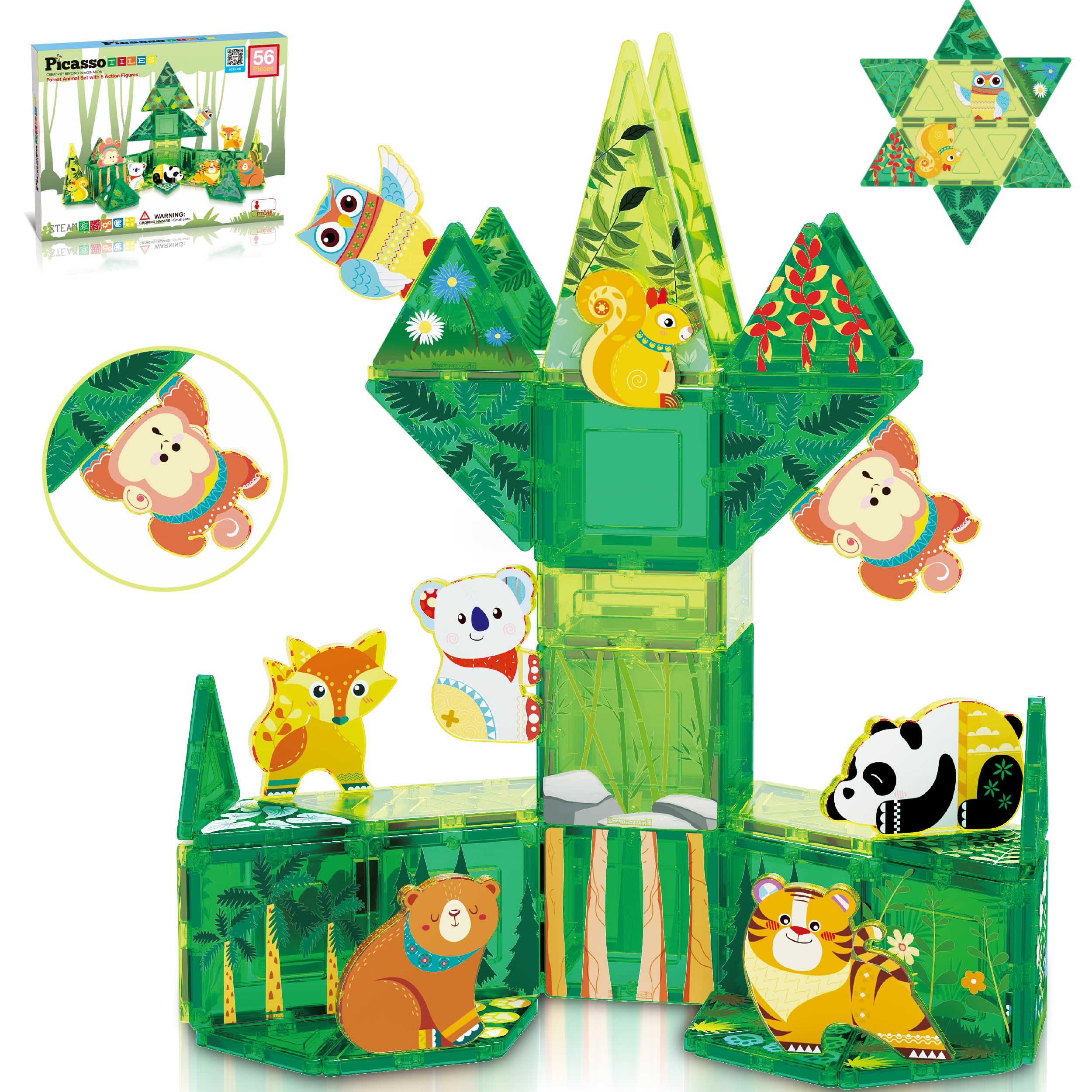 PicassoTiles Magnet Tile Building Blocks Forest Animal Theme Toy Set with 8 Character Action Figures Educational STEM Learning Construction Kit Pretend Play Magnetic Tiles Preschool Kids Ages 3+ PTQ16 Image