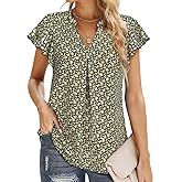 VALOLIA Women's Chiffon Blouse Ruffle V Neck Short Sleeve Summer Shirt Tops