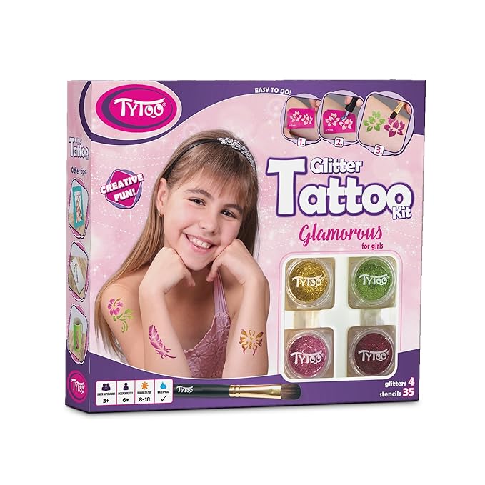 Tytoo Glamorous Glitzertattooset, mit 35 Schablonen - Hypoallergen, ohne Tierversuche hergestellt – für 8–18 Tage, temporäre 