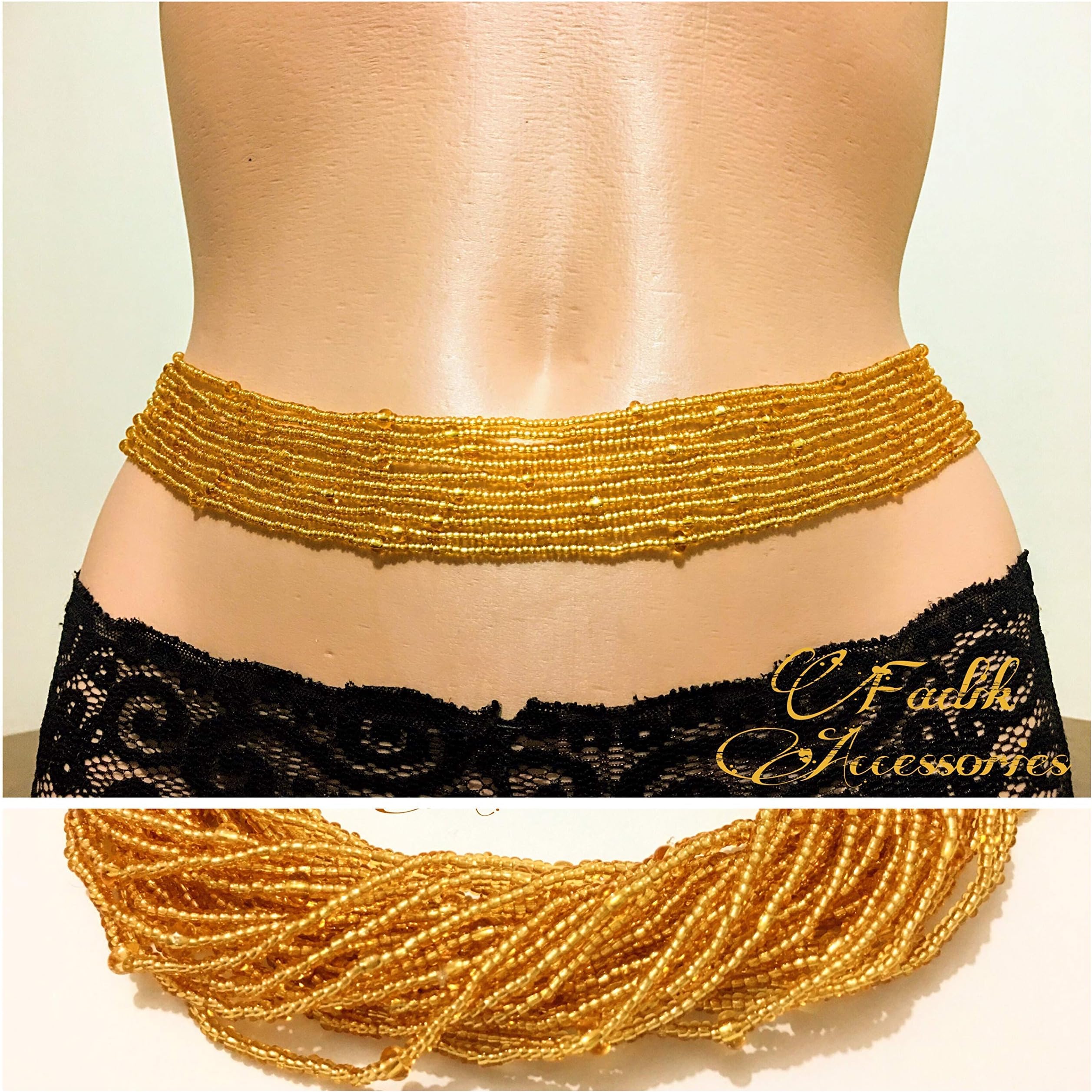 Gold Waist Beads Set, 10 Strand Belly bead, African Waist Beads, Stretchy Elastic String Beaded Belly Chain, Body Jewelry, Gold Color Bead Waist chain