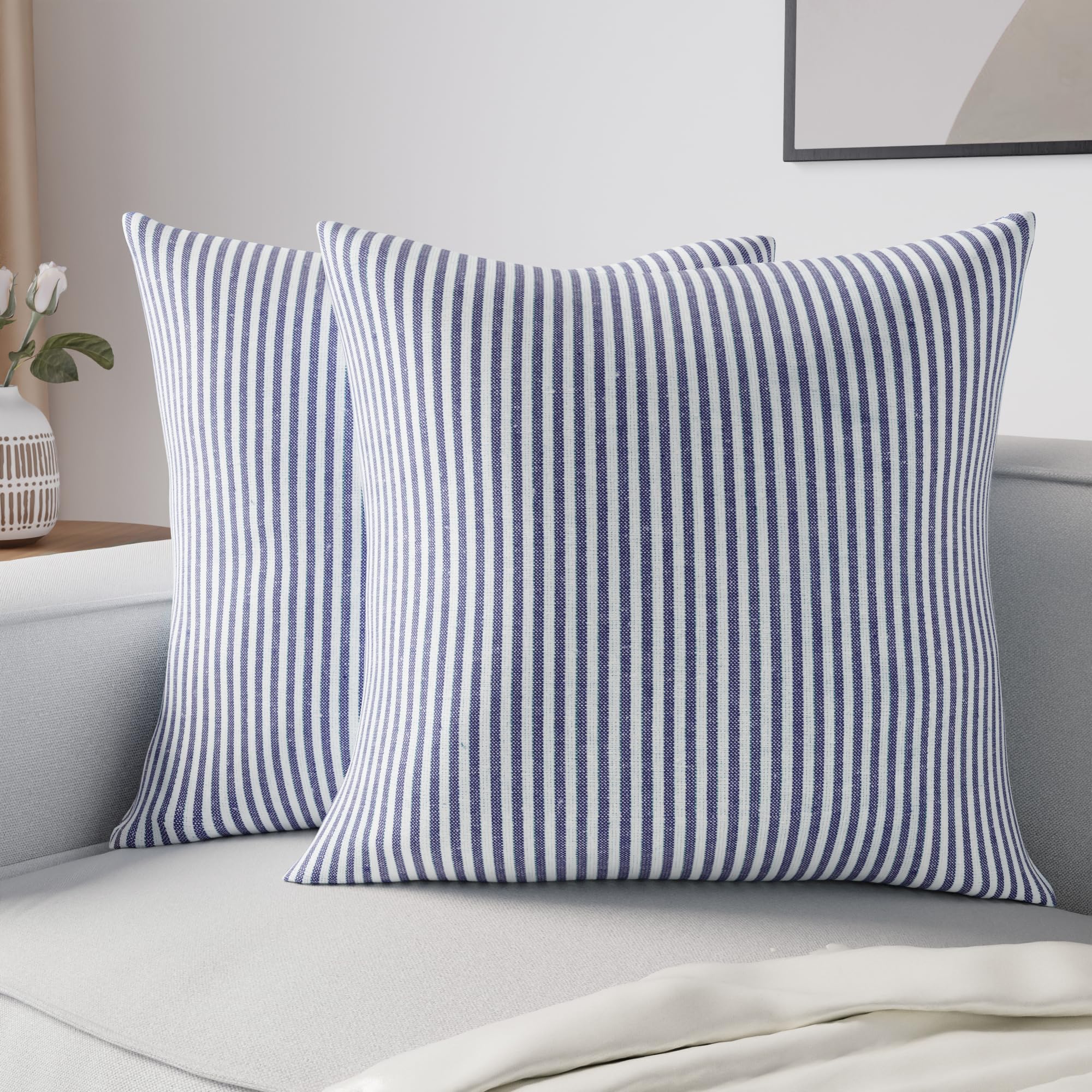 Encasa XO Cushion Covers 2 pcs set (40x40 cm) - Ticking Navy Blue - Decorative Large Square Colourful Washable Eco - Cotton, Throw Pillow Cases for Living Room, Sofa, Bedroom, Home & Hotel