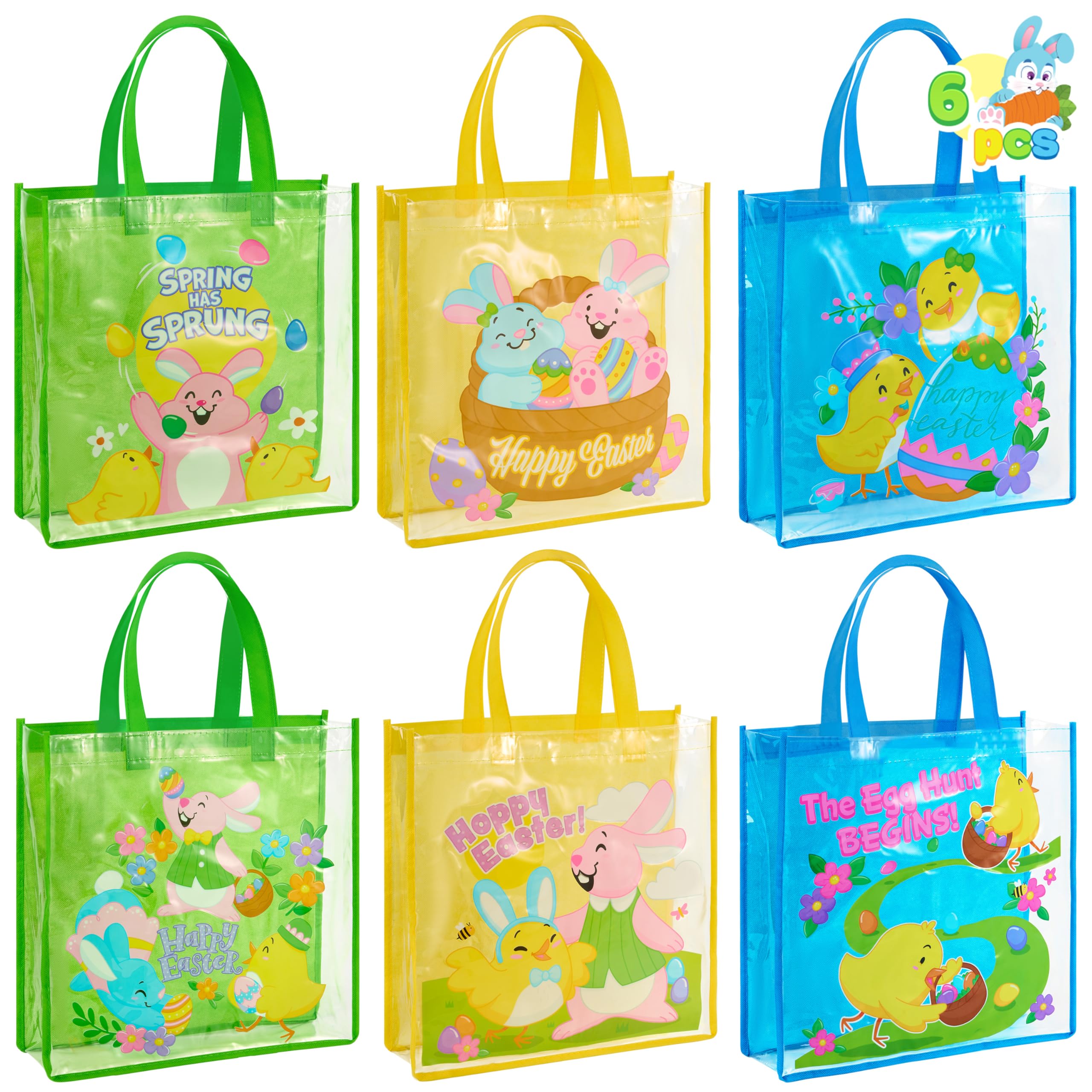 JOYIN 6 Pcs Easter Party Favor Supplies Gift Bags For Kids, 13" x 13" x 4" Big Size Non Woven Goodie Reusable Easter Rabbit Bunny Party Treat Bags with Handles for Easter Egg Hunt