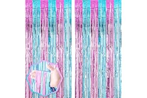 Voircoloria 2 Pack 3.3x8.2 Feet Blue and Pink Foil Fringe Backdrop Curtains, Tinsel Streamers Birthday Party Decorations, Fringe Backdrop for Graduation, Baby Shower, Gender Reveal, Disco Party