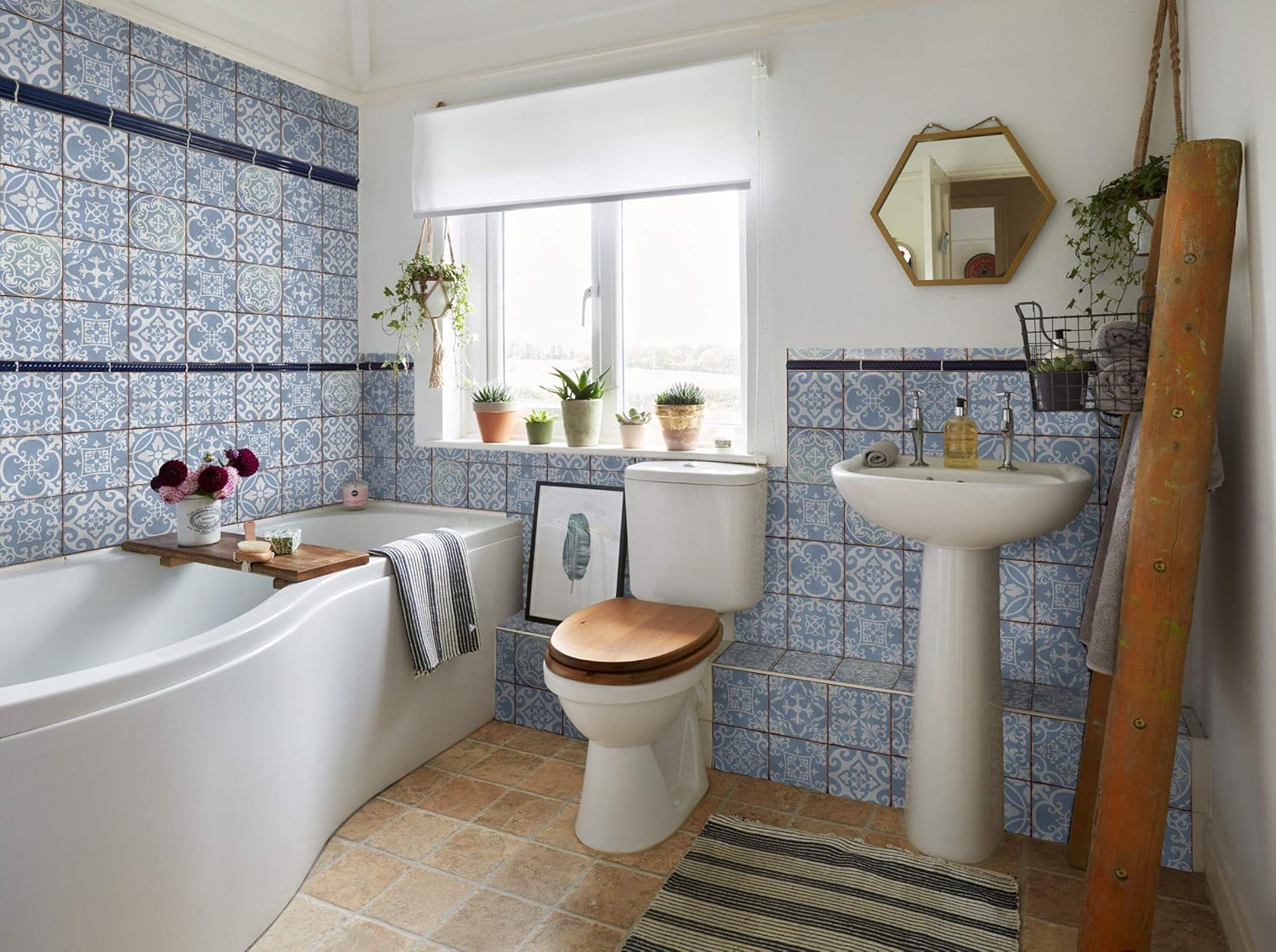 LPS Pack of 9 Mixed blue Victorian Moroccan retro traditional aged style Mosaic style tile transfers stickers bathroom kitchen stick on wall tile peel and stick Trendy retro - Image 4
