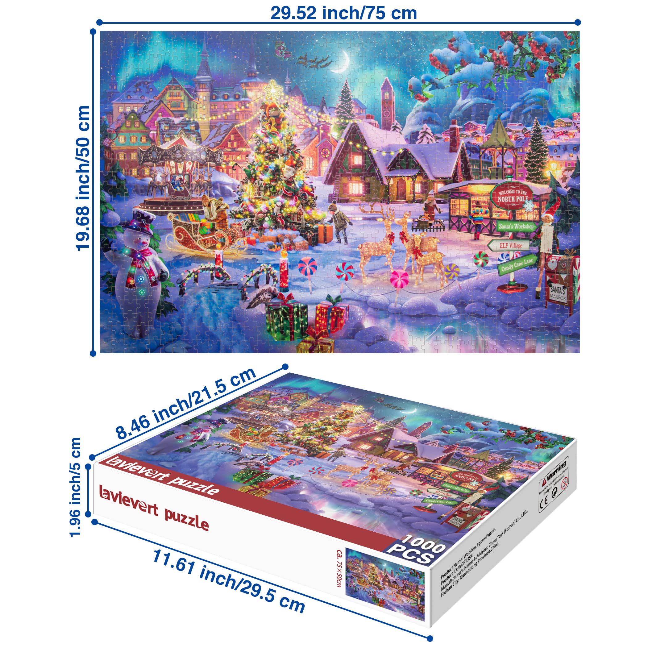 Lavievert Wooden Jigsaw Puzzle 1000 Piece Puzzle for Adults - Christmas Tree, Snowman, Milu Deer & Presents on Snowy Christmas Eve