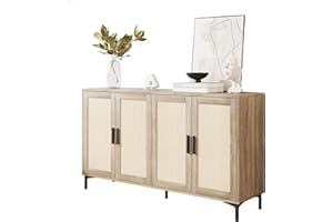 JASIWAY Sideboard - Kitchen Buffet Cabinet with Rattan Decorated Doors, Accent Cabinets with Doors, Coffee Bar Cabinets Rattan Sideboard Buffet Cabinet with Storage (Natural with 4 Doors)
