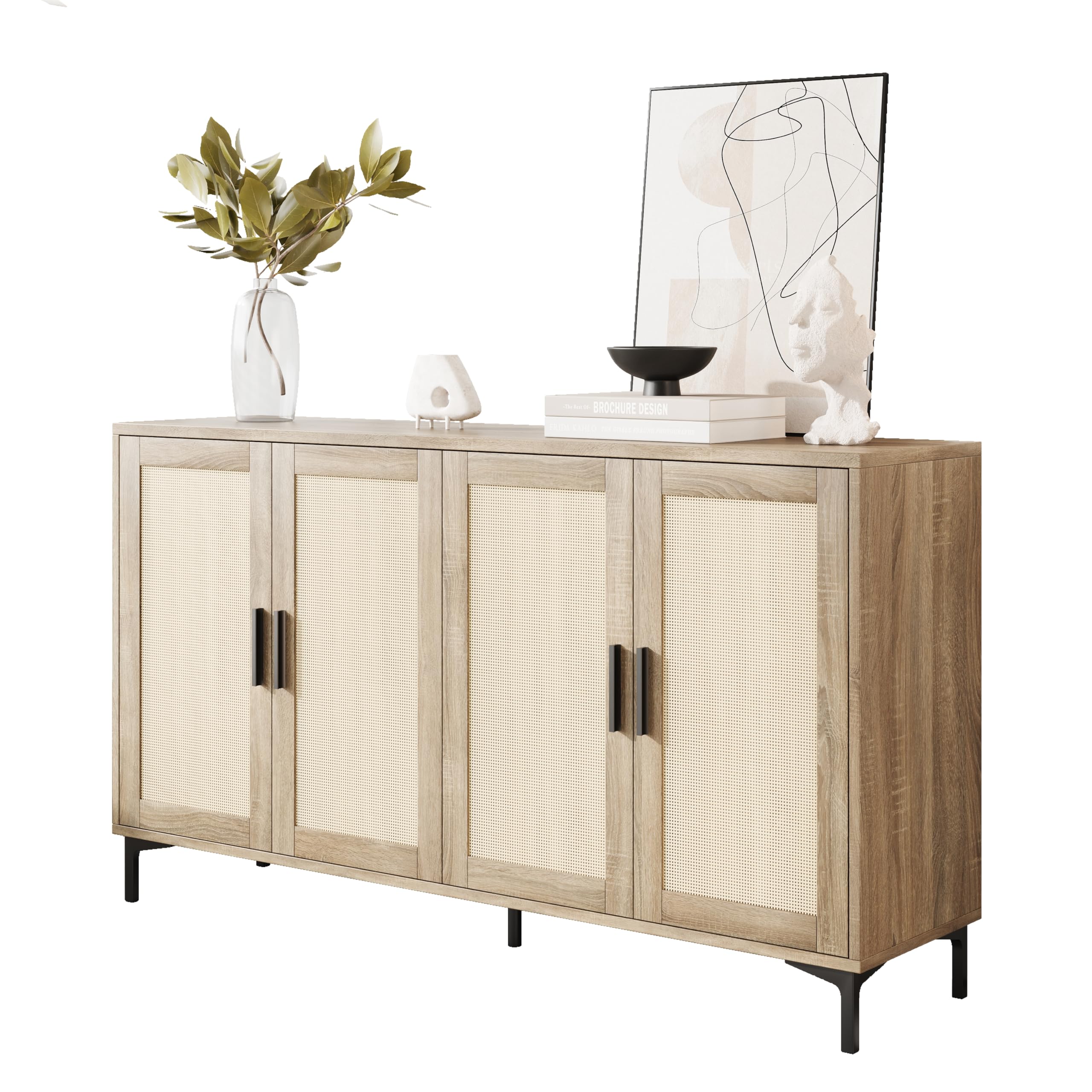 Photo 1 of JASIWAY Sideboard - Kitchen Buffet Cabinet with Rattan Decorated Doors, Accent Cabinets with Doors, Coffee Bar Cabinets Rattan Sideboard Buffet Cabinet with Storage (Natural with 4 Doors)