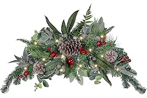 Valery Madelyn Pre-Lit Christmas Swag for Decorating Outdoor, 24 Inch Artificial Red Mailbox Swag Decoration Teardrop with 20 LED Lights, Ball Ornament for Front Door Stairway Window Shelf Xmas Decor