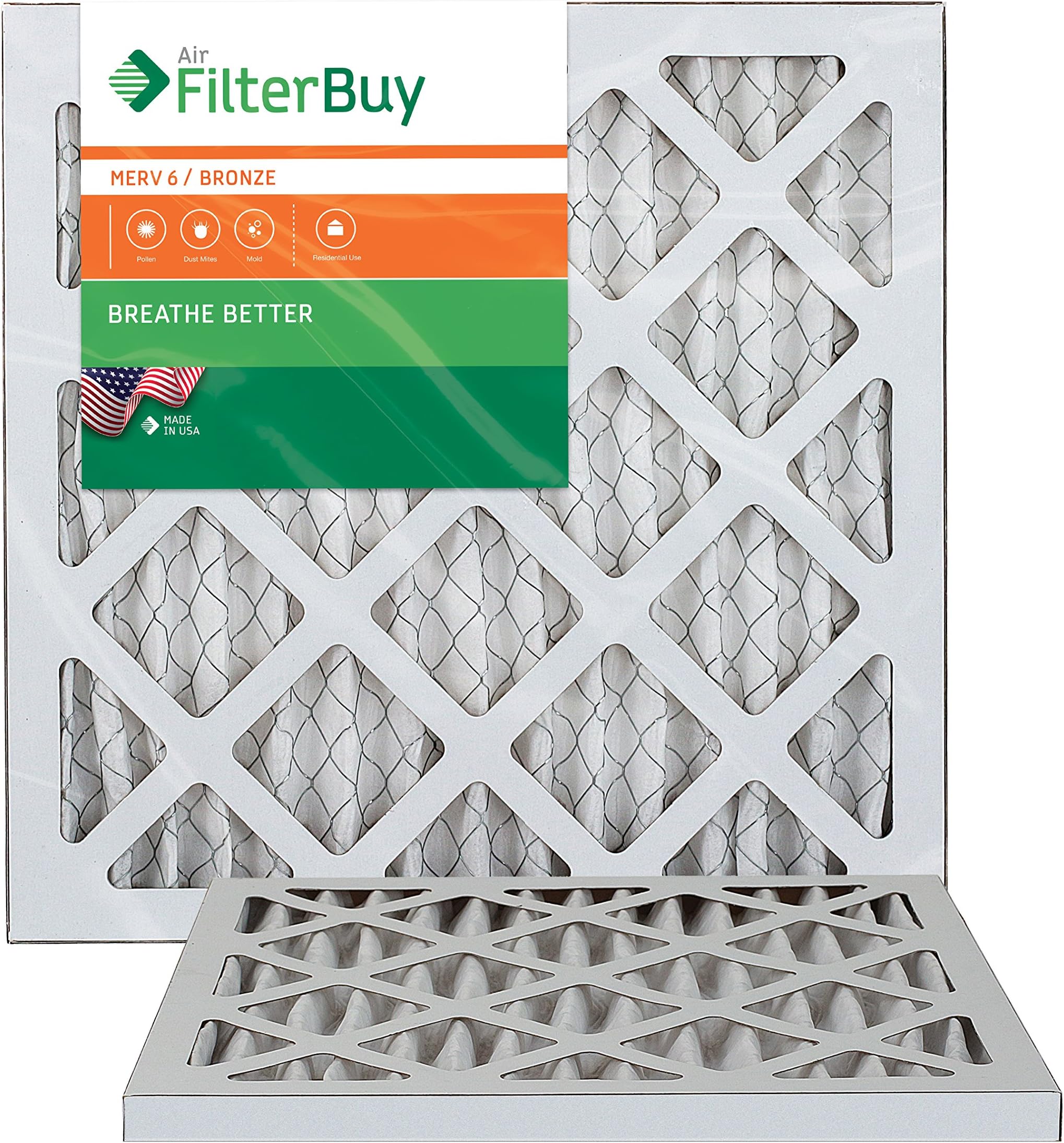 AFB Bronze MERV 6 12x16x1 Pleated AC Furnace Air Filter. Pack of 2 Filters. 100% produced in the USA.