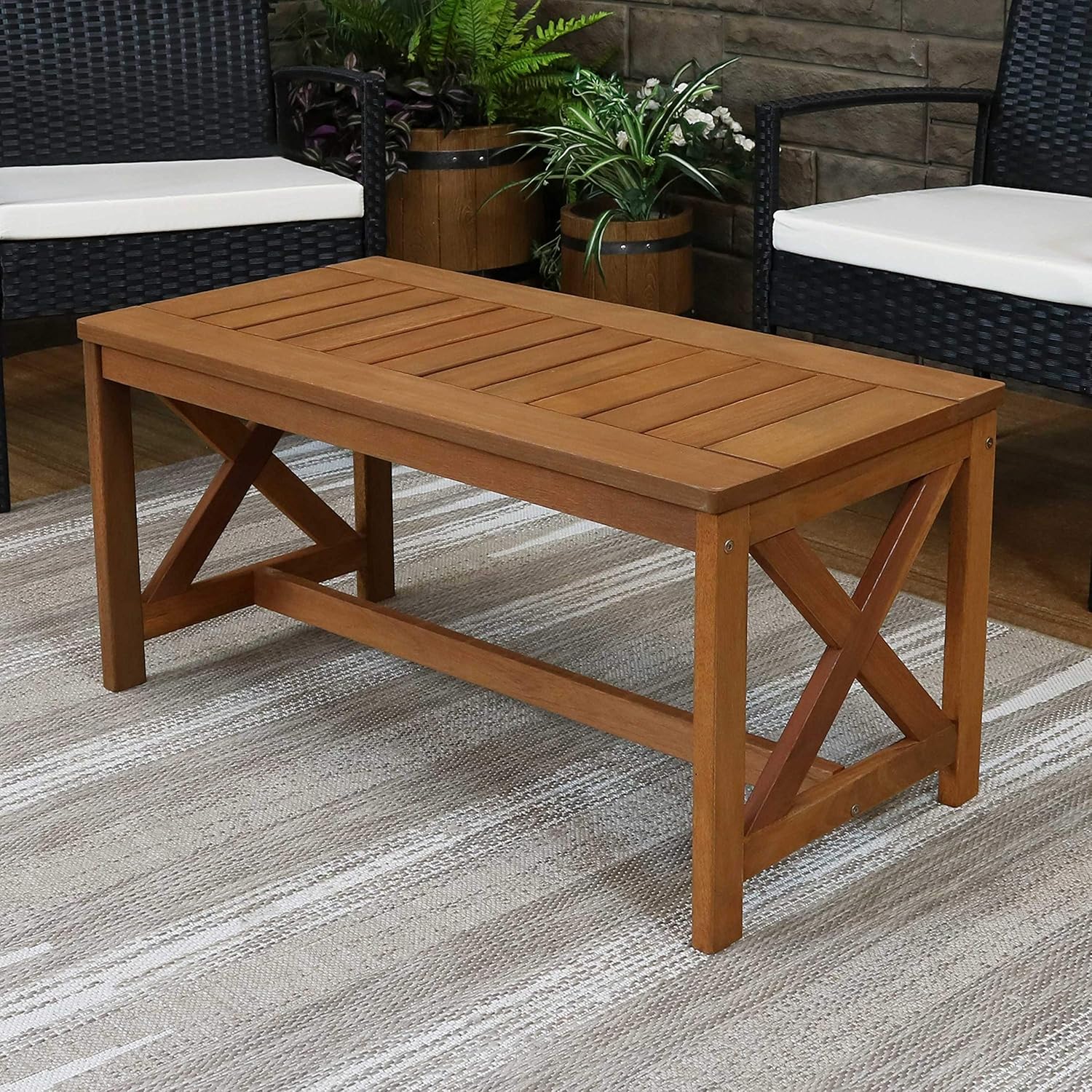 Sunnydaze Meranti Wood Outdoor Patio Coffee Table with Teak Finish - Outside Furniture for Lawn, Garden, Porch, Deck, Balcony, Backyard and Sunroom - Rectangle Table - 35-Inch : Garden & Outdoor
